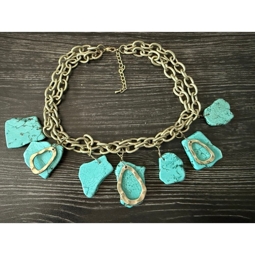 Vint Natural Howlite Stone Slice Chic Matte Gold Multistrand Link Chain Necklace